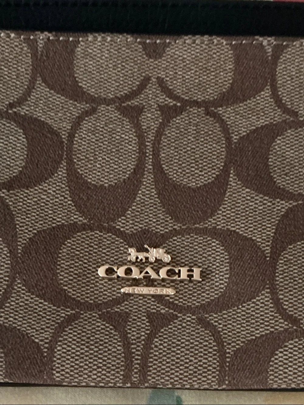 Coach Brown Signature Zip Wristlet with Gold Logo
